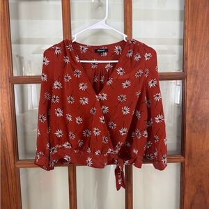 Madewell Silk Tie Front Wrap Blouse Top Medium Rust Orange Floral 3/4 Sleeve